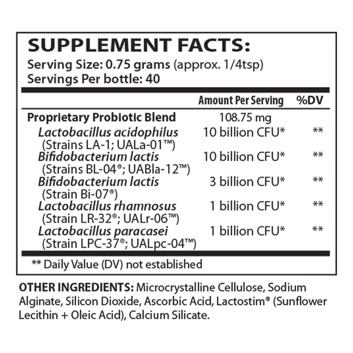 Supplement facts label with probiotic content on a white background