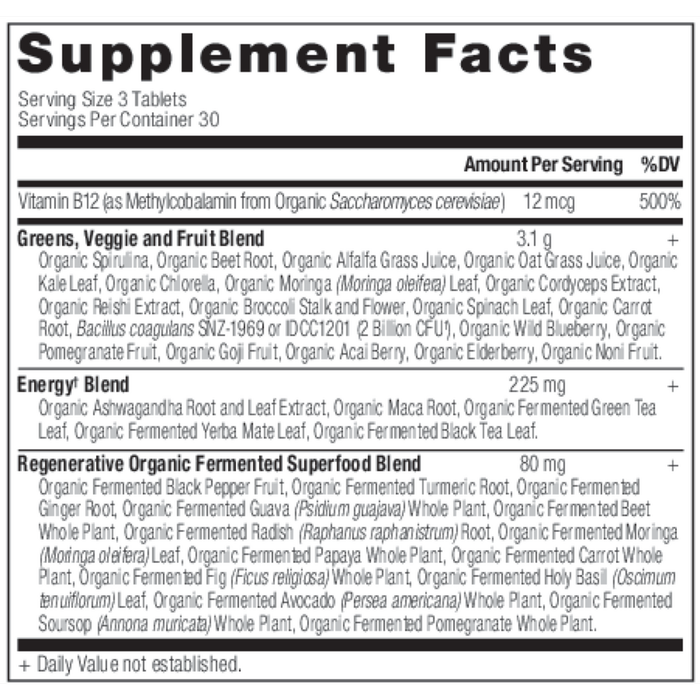 Organic SuperGreens Energizer 90 tablets Supplement Facts Label