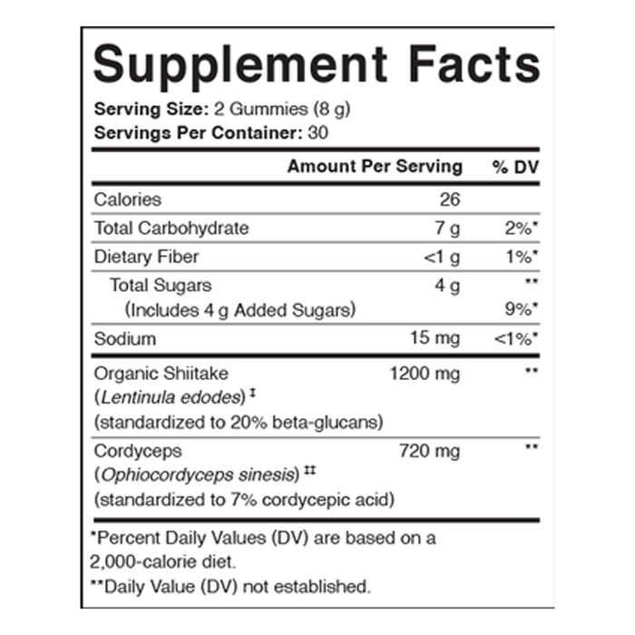 Energy Support Cordyceps + Shiitake 60 gummies Supplement Facts Label