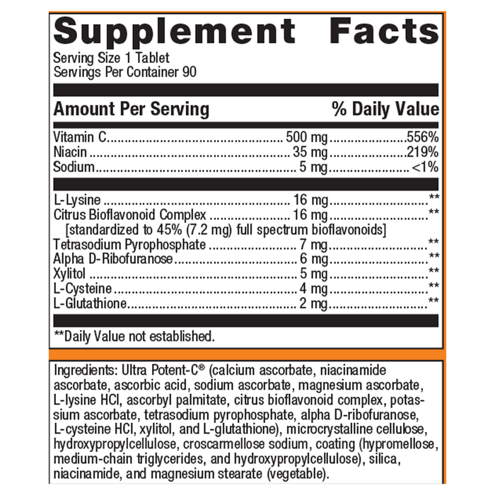 Ultra Potent-C 500 Vitamin C 90 Tablets Supplement Facts Label
