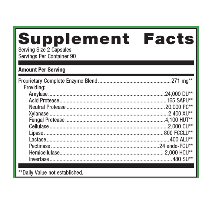 SpectraZyme Complete Enzymes 180 capsules Supplement Facts Label