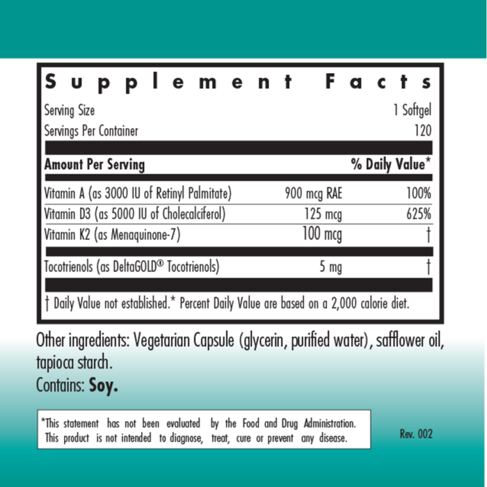 Vitamin D3 Complete 5000 High Potency D with A and K2 120 softgels Supplement Facts Label