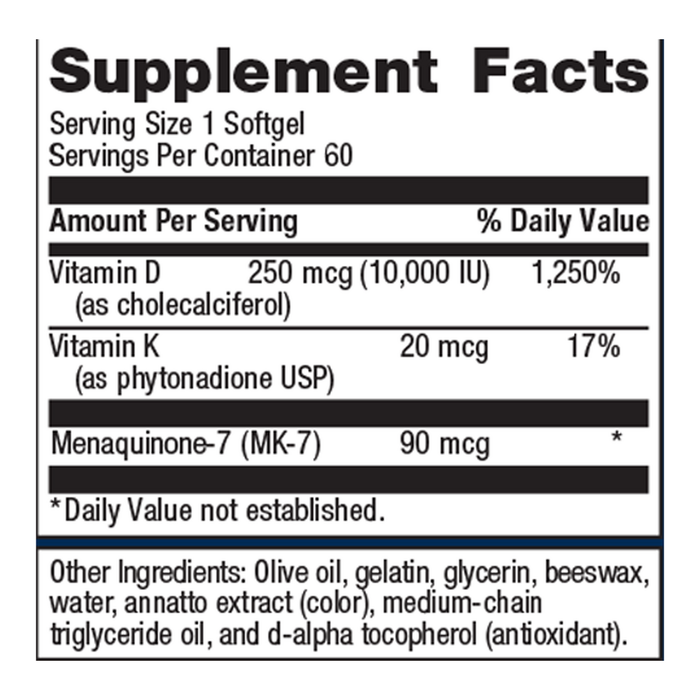 Vitamin D3 10,000 + K 60 Softgels Supplement Facts Label