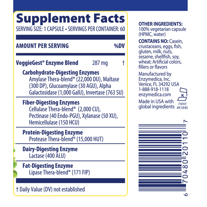 VeggieGest 60 capsules Supplement Facts Label