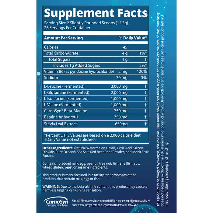 BCAA+G Reload 330 g Watermelon Supplement Facts Label