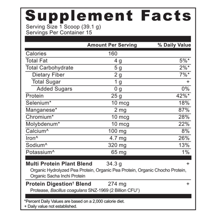 Multi Protein Plant-Based 15 servings Chocolate Supplement Facts Label