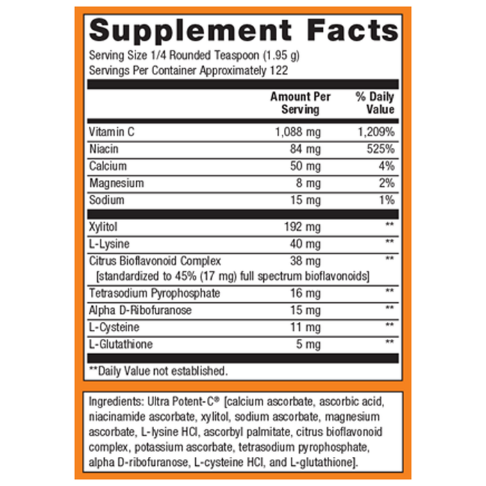 Ultra Potent-C Vitamin C Powder 122 Servings Supplement Facts Label
