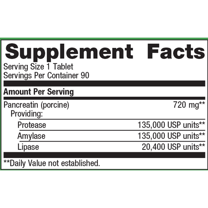 SpectraZyme Pancreatic Enzymes 90 tablets Supplement Facts Label