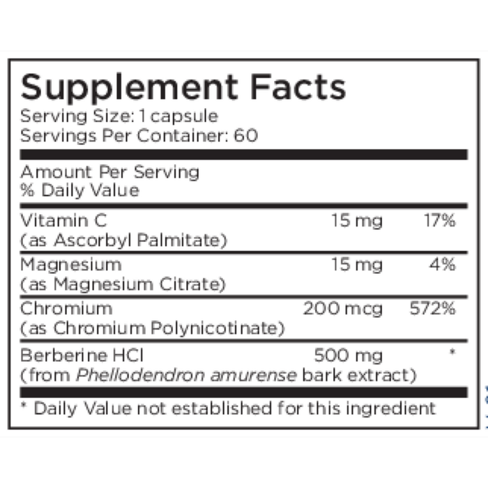 Berberine + Chromium 60 capsules Supplement Facts Label