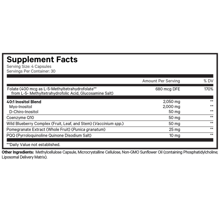 PQQ Ovarian Harmony+ 120 caps Supplement Facts Label