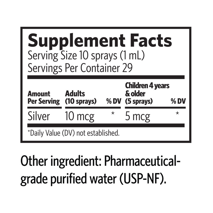 Professional Bio-Active Silver Hydrosol Sinus Relief 2 Fluid Ounces Supplement Facts Label