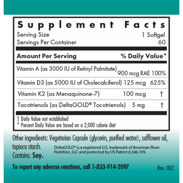 Vitamin D3 Complete 5000 High Potency D with A and K2 60 softgels Supplement Facts Label