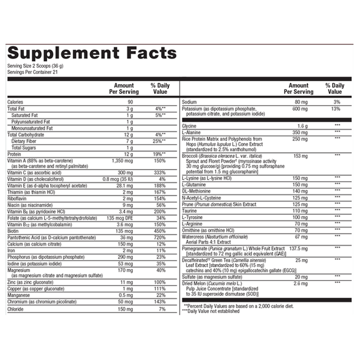 Supplement facts label with detailed nutritional information on a white background