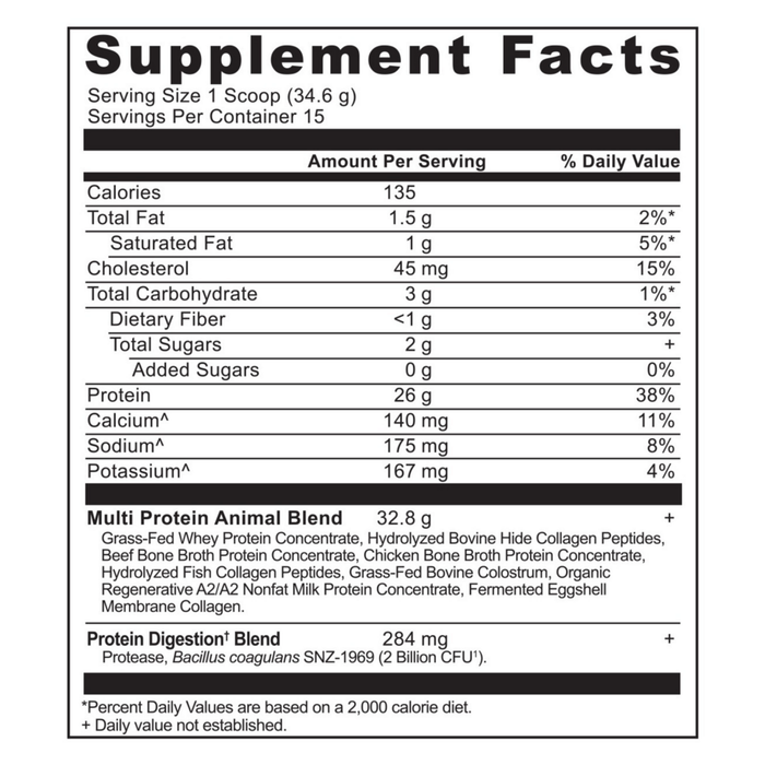 Multi Protein Animal-Based 15 servings Vanilla Supplement Facts Label