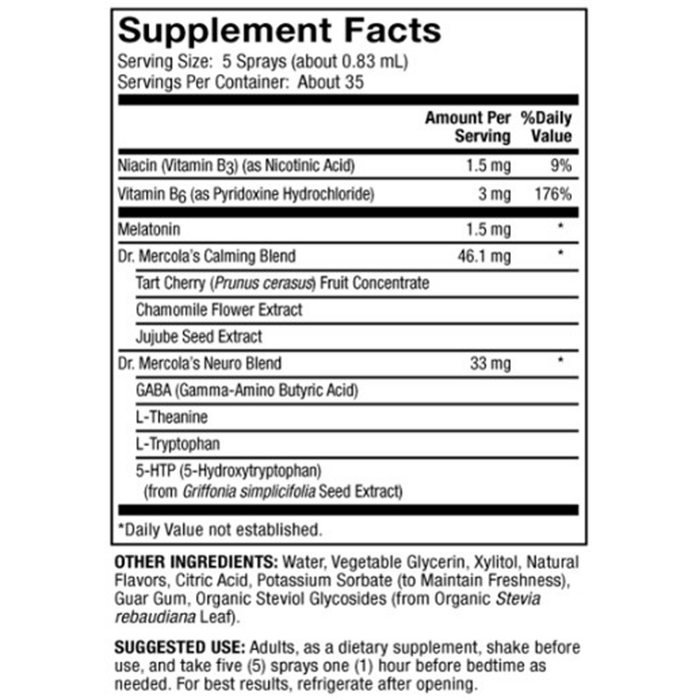 Sleep Support with Melatonin Spray 0.85 fl oz Supplement Facts Label