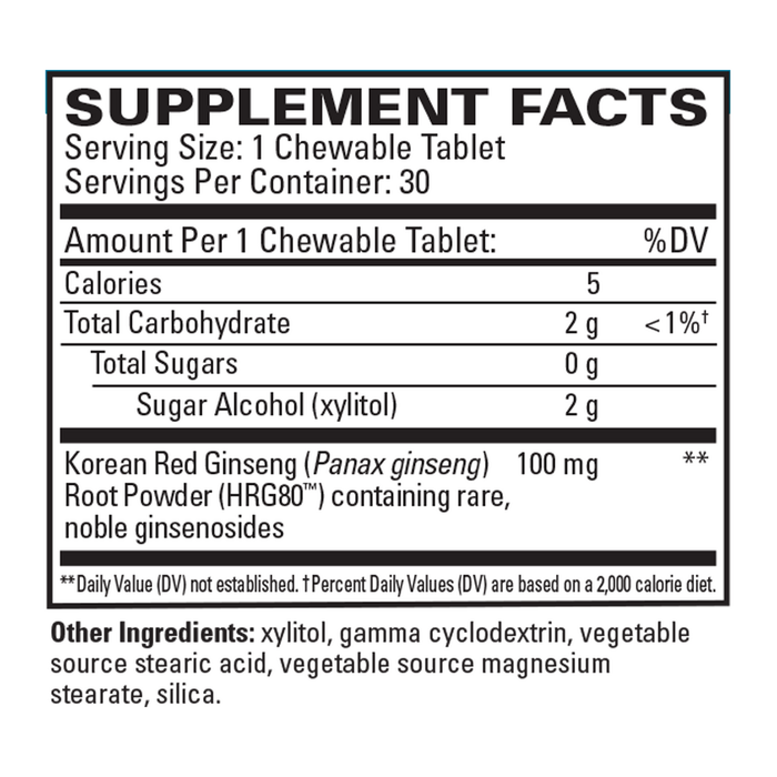 Red Ginseng Energy Chewable 30 tablets Supplement Facts Label
