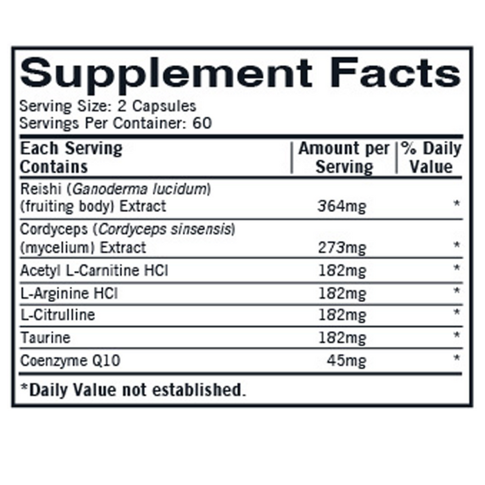 Mushroom Energy & Endurance 120 capsules Supplement Facts Label