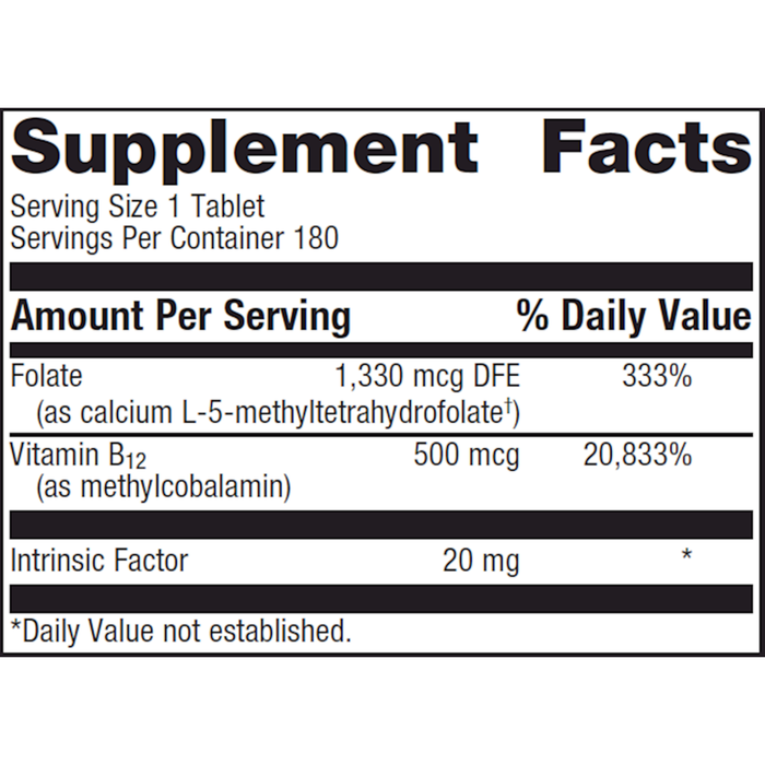 Intrinsi Vitamin B12-Folate 180 tablets Supplement Facts Label