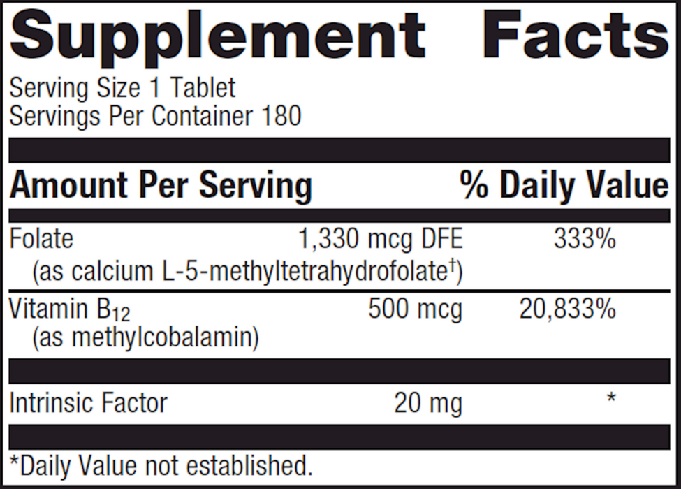 Intrinsi Vitamin B12-Folate 180 tablets Supplement Facts Label