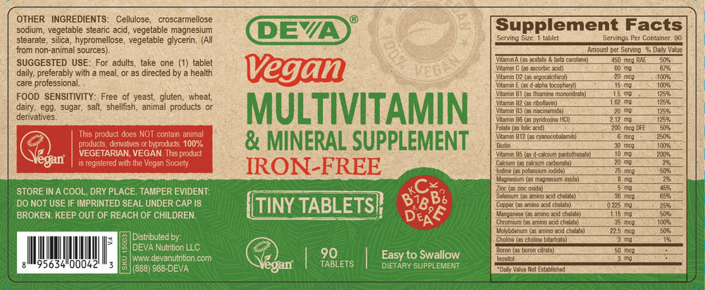 Vegan Tiny Tablets Multivitamin (Iron-Free) 90 Tablets by Deva Nutrition