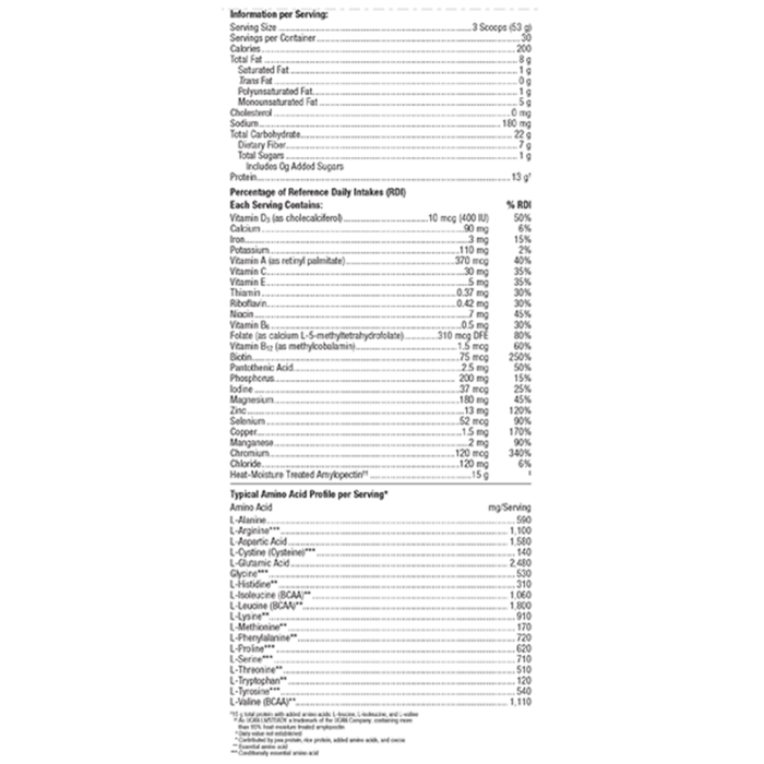 Ultra Glucose Control Vanilla 30 servings Supplement Facts Label