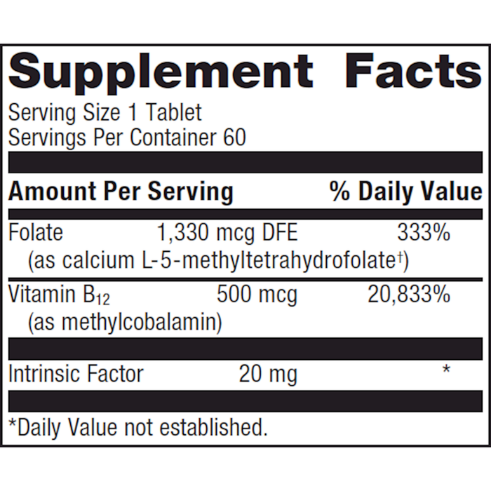 Intrinsi Vitamin B12-Folate 60 tablets Supplement Facts Label