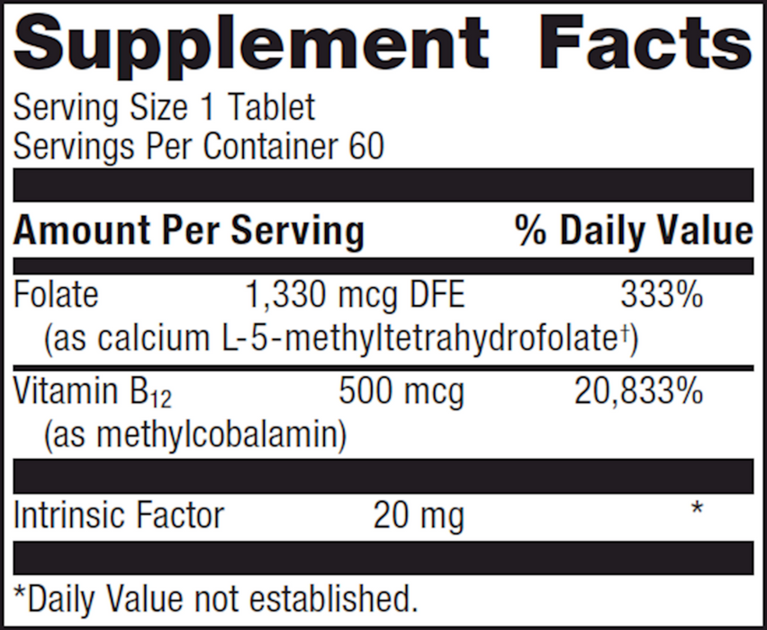 Intrinsi Vitamin B12-Folate 60 tablets Supplement Facts Label