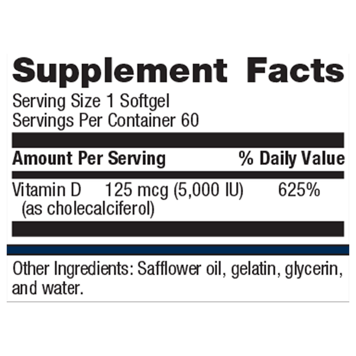 Vitamin D3 5000 60 softgels Supplement Facts Label