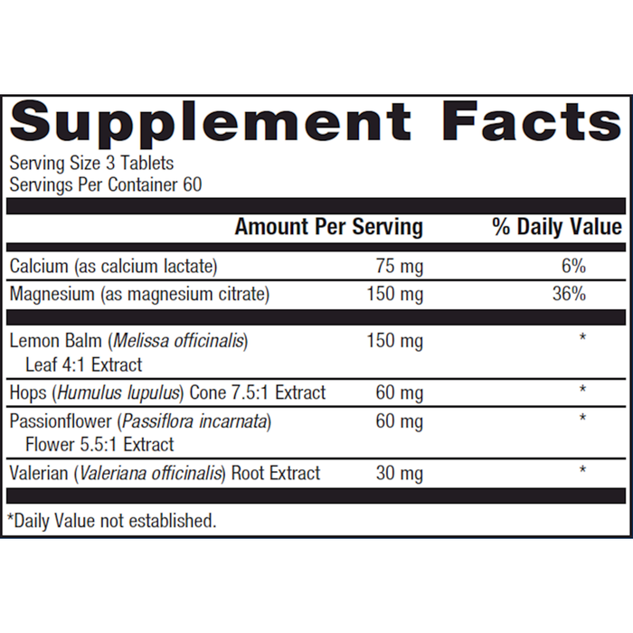 MyoCalm Plus 180 tablets Supplement Facts Label