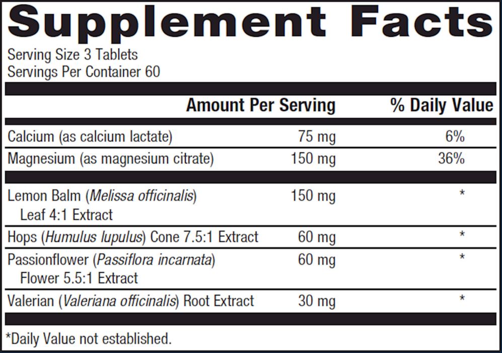 MyoCalm Plus 180 tablets Supplement Facts Label