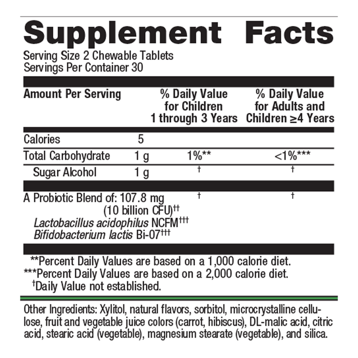UltraFlora Kids Probiotic 60 chewable tablets Supplement Facts Label
