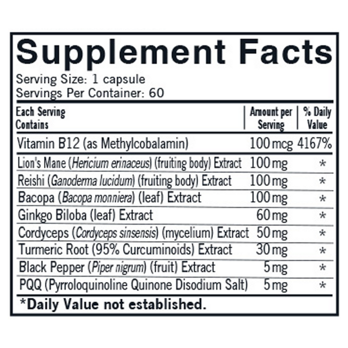 Mushroom Mental Clarity & Focus 60 caps Supplement Facts Label