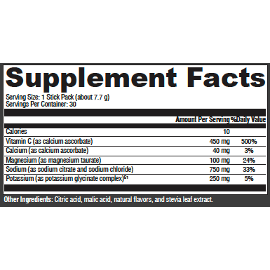 Electrolyte Sticks Lemon-Lime 30 stick packs Supplement Facts Label