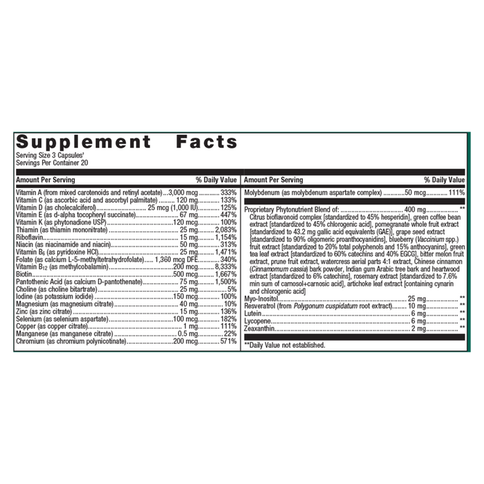 PhytoMulti Multivitamin 60 Capsules Supplement Facts Label