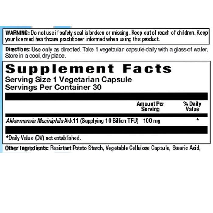 Akkermansia Postbiotic 30 caps Supplement Facts Label