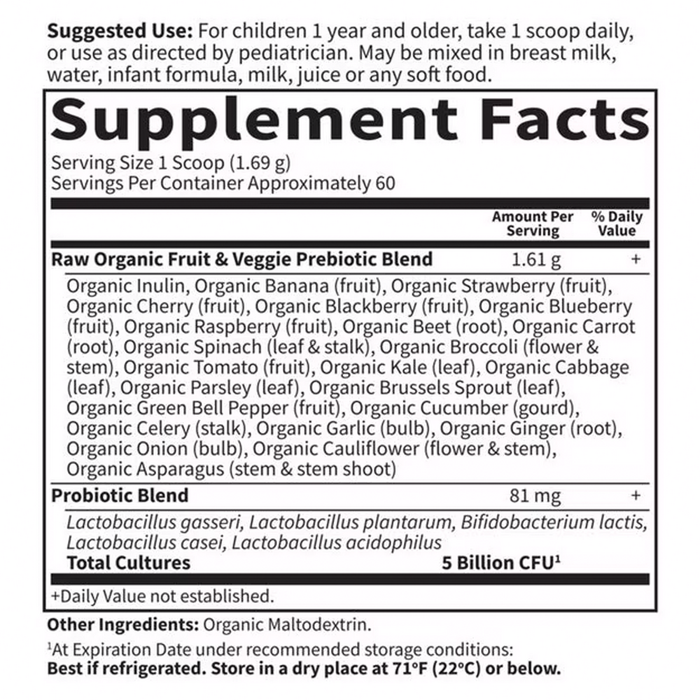RAW Probiotics Kids 101.4 g Supplement Facts Label