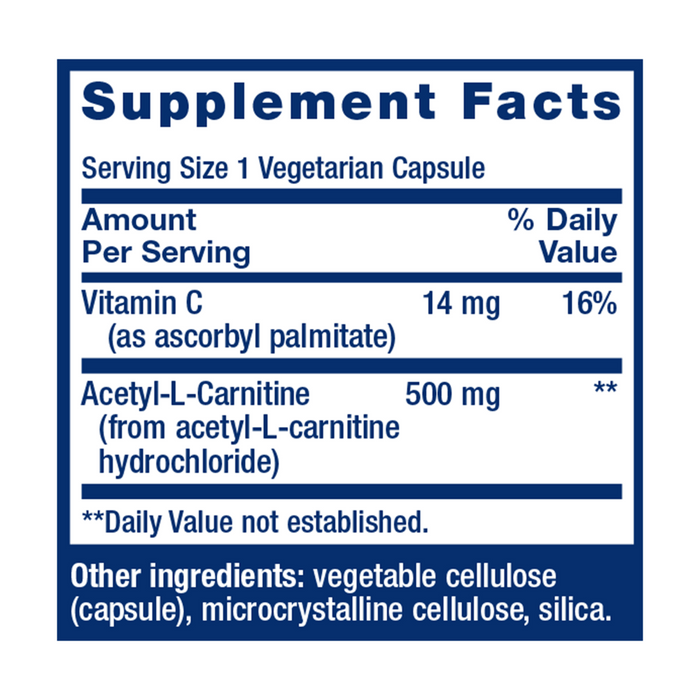 Acetyl-L-Carnitine 500 mg 100 capsules Supplement Facts Label