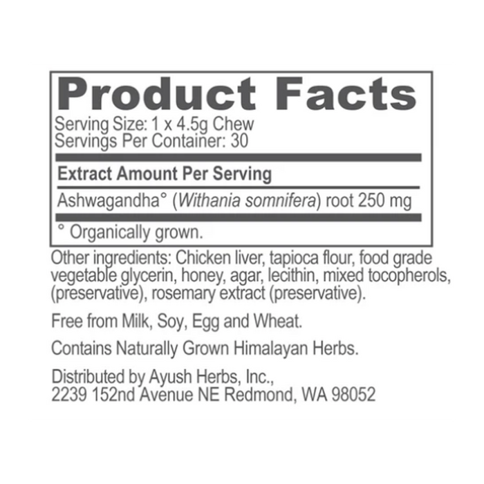Ashwagandha Chews 30 soft chews Product Facts Label