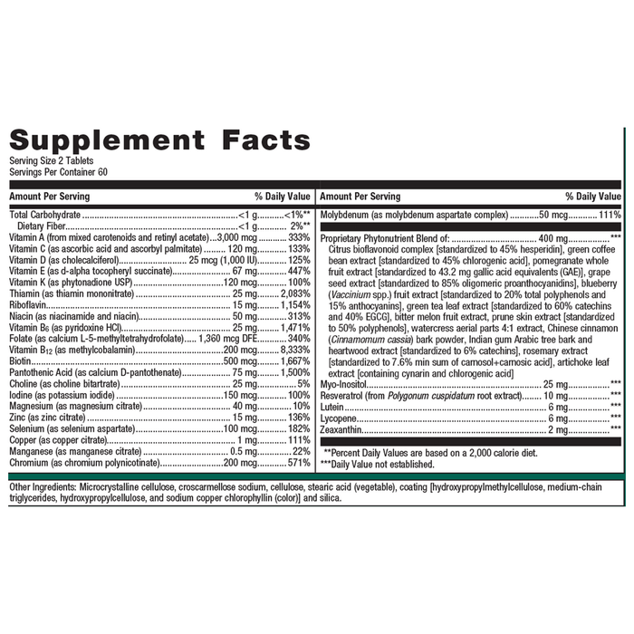 PhytoMulti Multivitamin 120 tablets Supplement Facts Label