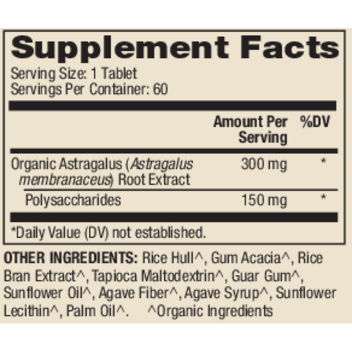 Organic Astragalus Extract 60 tabs Supplement Facts Label