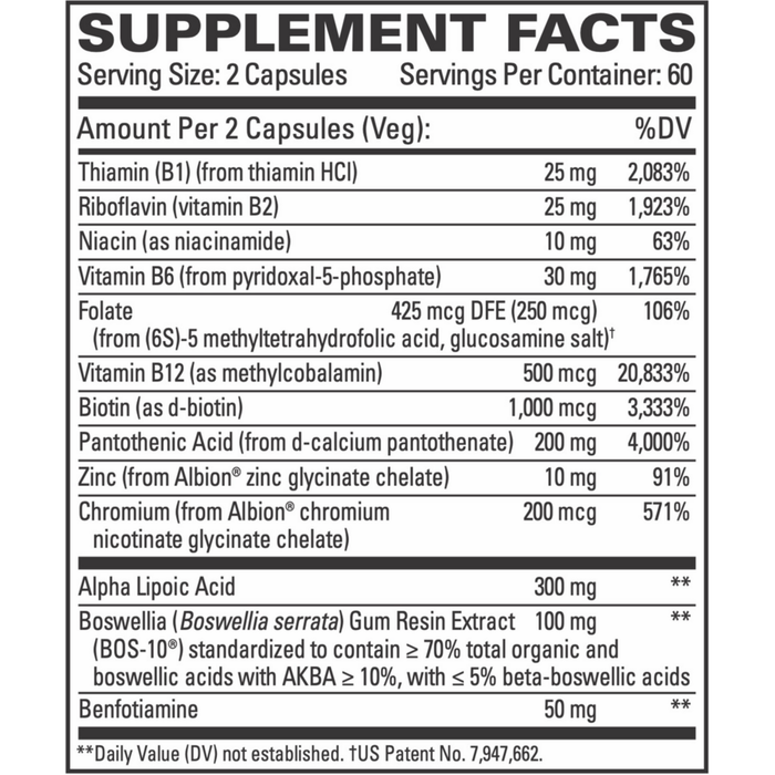 Nerve Complex 120 capsules Supplement Facts Label