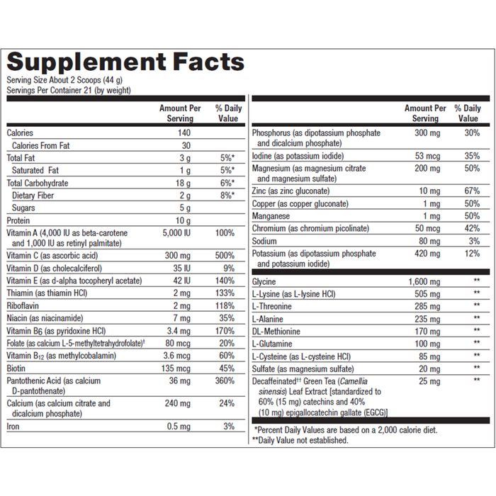 Supplement facts label with detailed nutritional information on a white background
