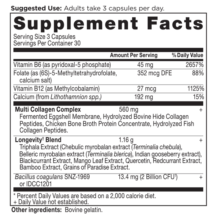 Multi Collagen Advanced Longevity 90 capsules Supplement Facts Label