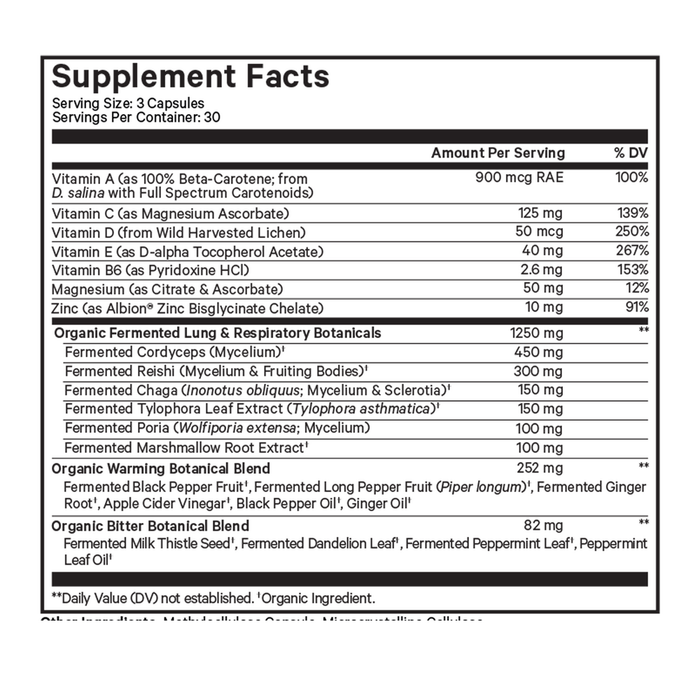 Lungs Vitamins+ 90 capsules Supplement Facts Label