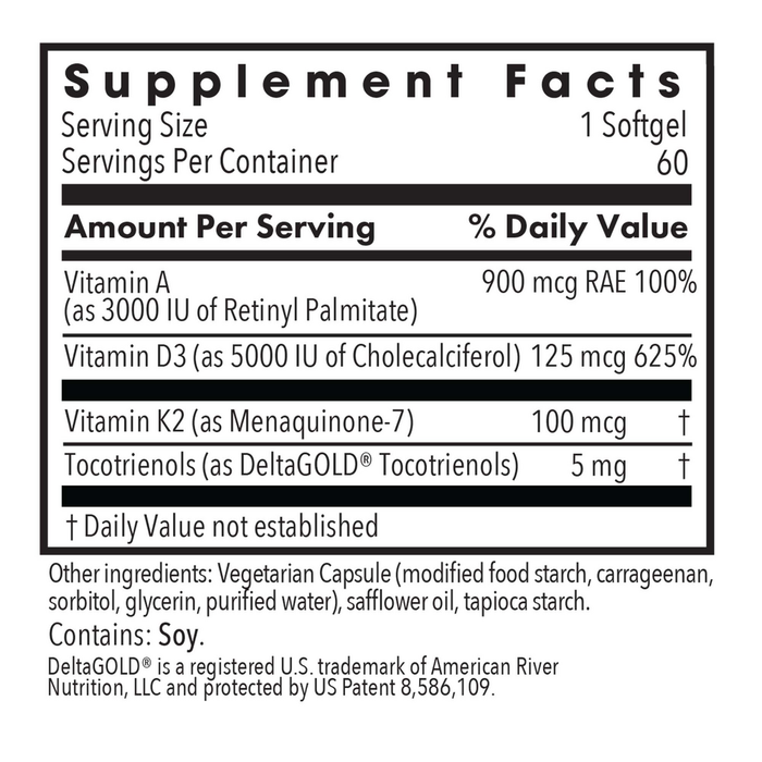 Vitamin D3 Complete 5000 High Potency with A and K2 60 softgels Supplement Facts Label