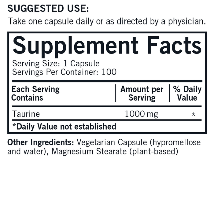 Taurine 1000 mg 100 capsules Supplement Facts Label