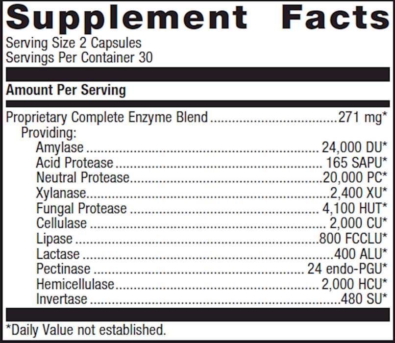SpectraZyme Complete Enzymes 60 capsules Supplement Facts Label