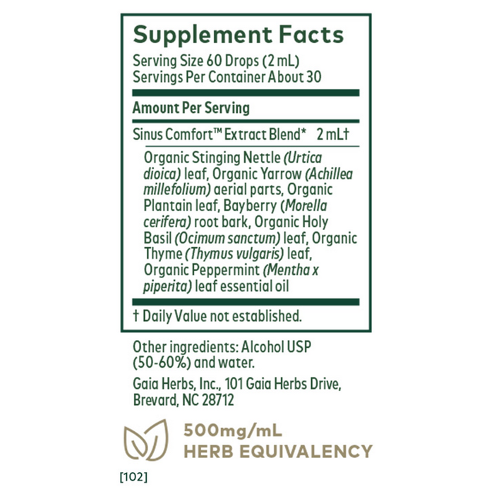 Sinus Comfort 2 fl oz Supplement Facts Label