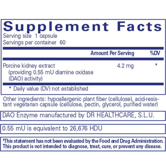 DAO Enzyme 60 caps Supplement Facts