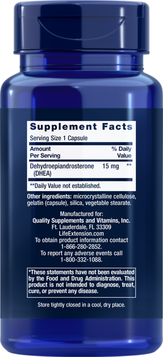 Life Extension, DHEA 15 mg 100 caps, Back
